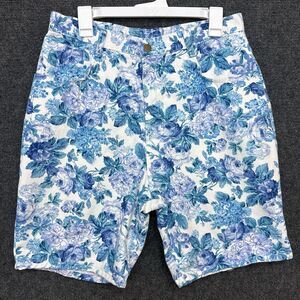 Bermuda Pastel Blue Floral Jort High Waist Cottagecore Denim Shorts Sz 18 VTG